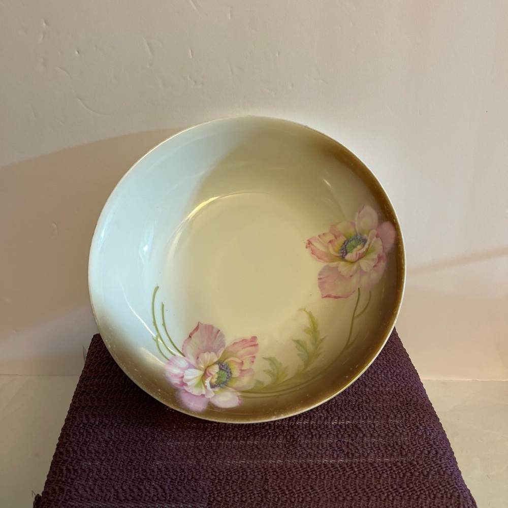 VINTAGE HAND PAINTED YESSRA GERMANY PINK FLORAL WITH BROWN TRIM PORCELAIN BOWL